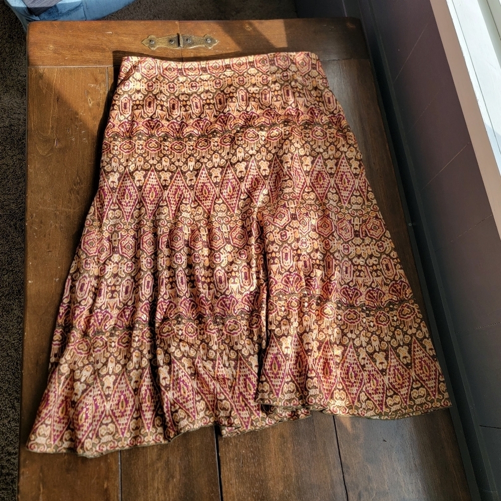 y2k Marshall Fields 100% Silk Satin Ikat Midi Fit Flare Skirt Purple sz 10